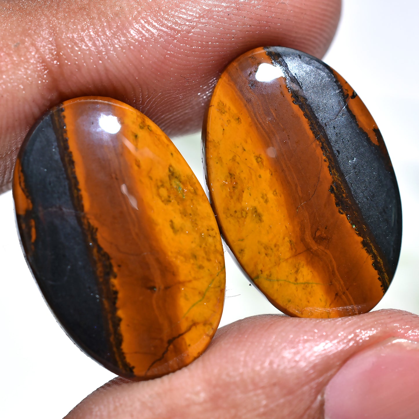 Iron Tiger Eye Gemstone Pair – Oval Shaped Matching Cabochons for Jewelry Making