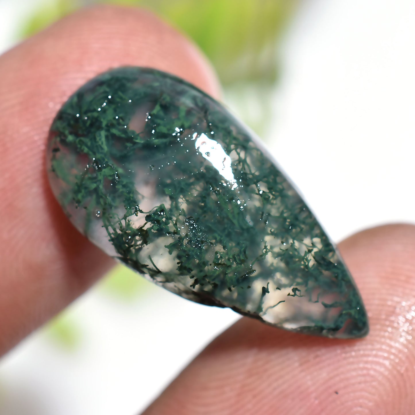 Natural Moss Agate Teardrop Cabochon with Red Jasper Polished Loose Gemstone
