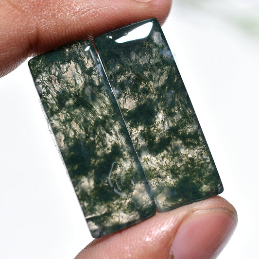 Leafy Lace Moss Agate Gemstone Pair –  Wholesale Hand-Polished Rectangle Stone Set for Earrings