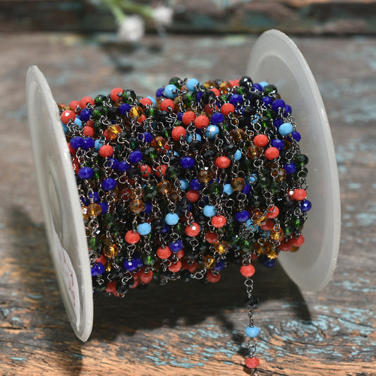 Color Splash Hydro Beaded Rosary Chain – Black Metal Plated Gemstone Links For DIY Jewelry