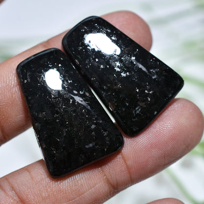 Cosmic Night Nuummite Gemstone Pair – Shimmering Dark Cabochon For Jewelry