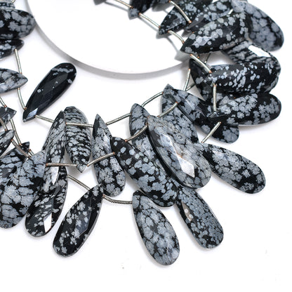 Elegant Snowflake Obsidian Faceted Drops – Pear-Shaped Gemstone Beads for DIY Jewelry