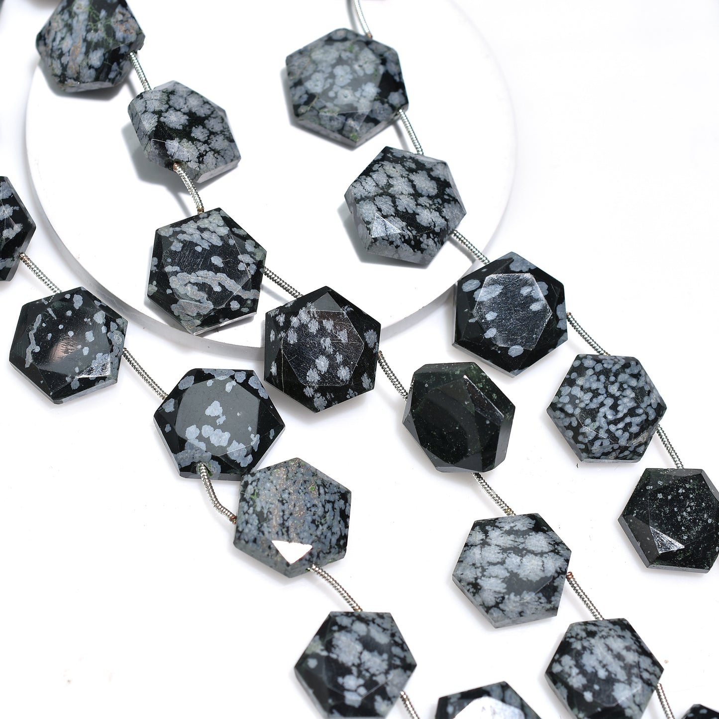 Hexagon Cut Snowflake Obsidian Beads – Black & White Natural Wholesale Gemstones