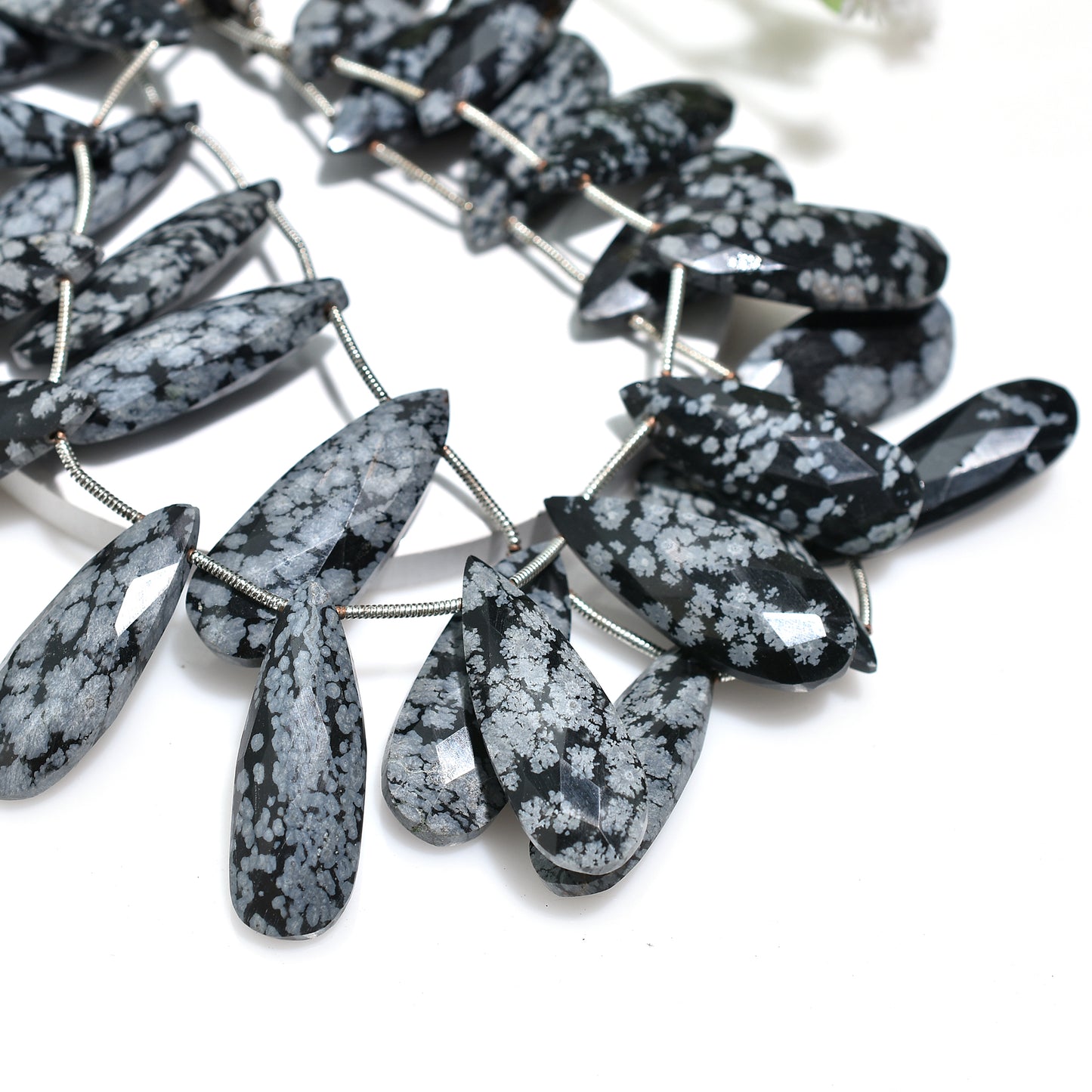Elegant Snowflake Obsidian Faceted Drops – Pear-Shaped Gemstone Beads for DIY Jewelry