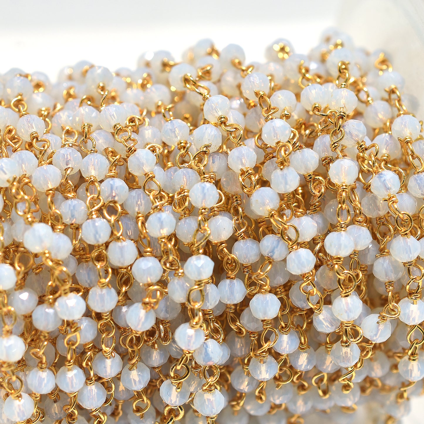 Lustrous Fire Opal Rosary Chain – Opalite Hydro Beads with Gold Plated Links For DIY Jewelry