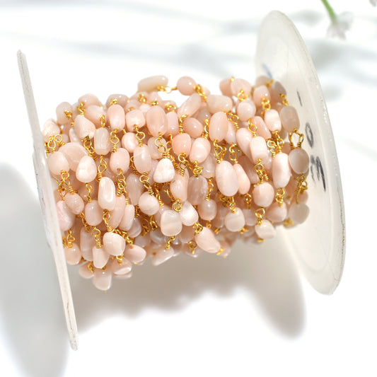 Radiant Peach Moonstone Rosary – Golden Plated Nuggets Linking Chain for Spiritual Balance