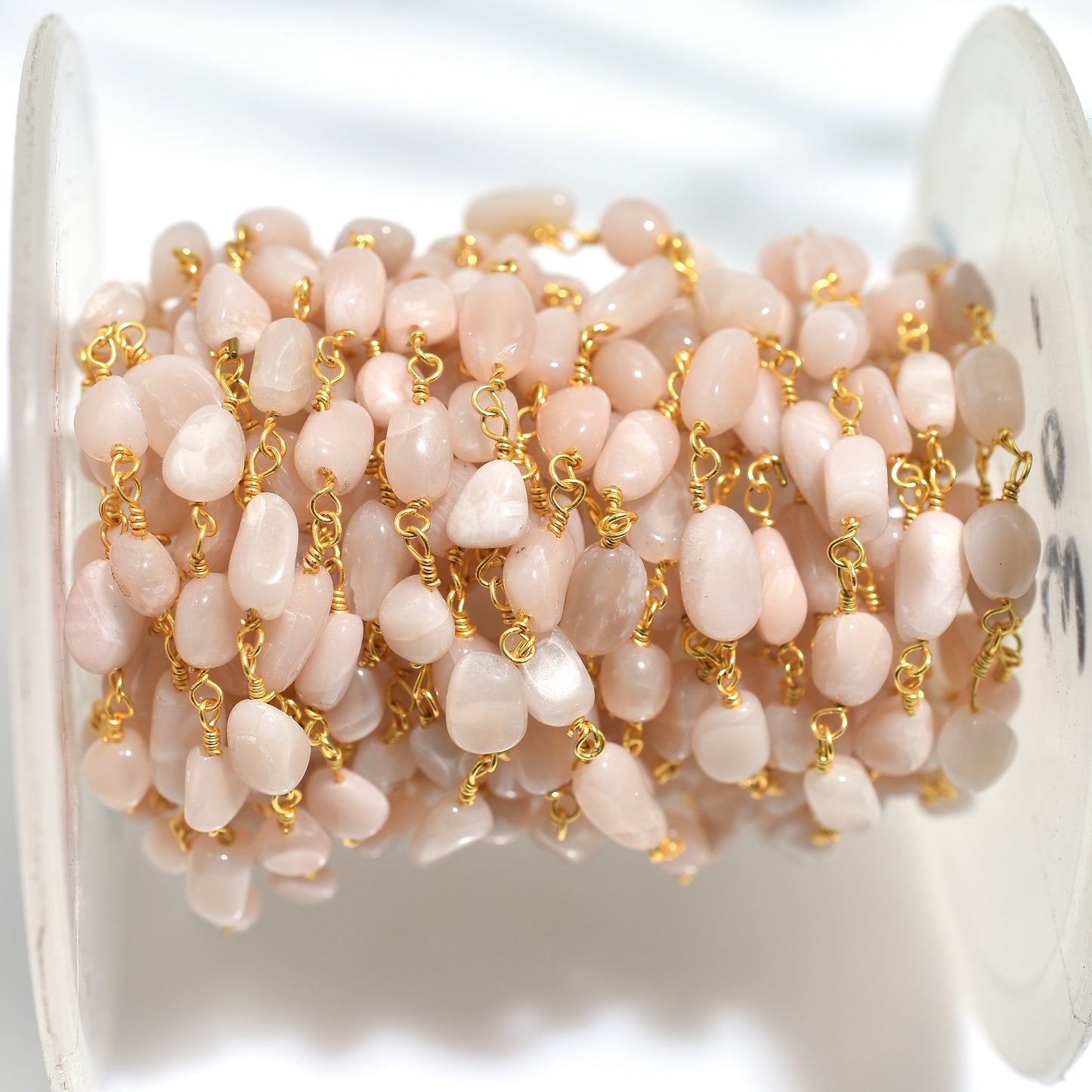 Radiant Peach Moonstone Rosary – Golden Plated Nuggets Linking Chain for Spiritual Balance