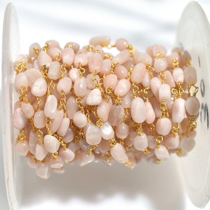 Radiant Peach Moonstone Rosary – Golden Plated Nuggets Linking Chain for Spiritual Balance