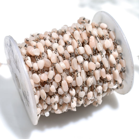 Wholesale Peach Moonstone Tumbled Rosary - Smooth Nuggets Silver Plated Beads Chain Lot for Jewelry