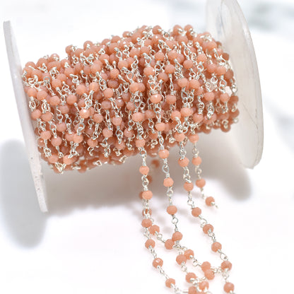 Delicate Peach Moonstone Hydro Bead Chain Lot - Silver Plating Rosary Strand For DIY Jewelry