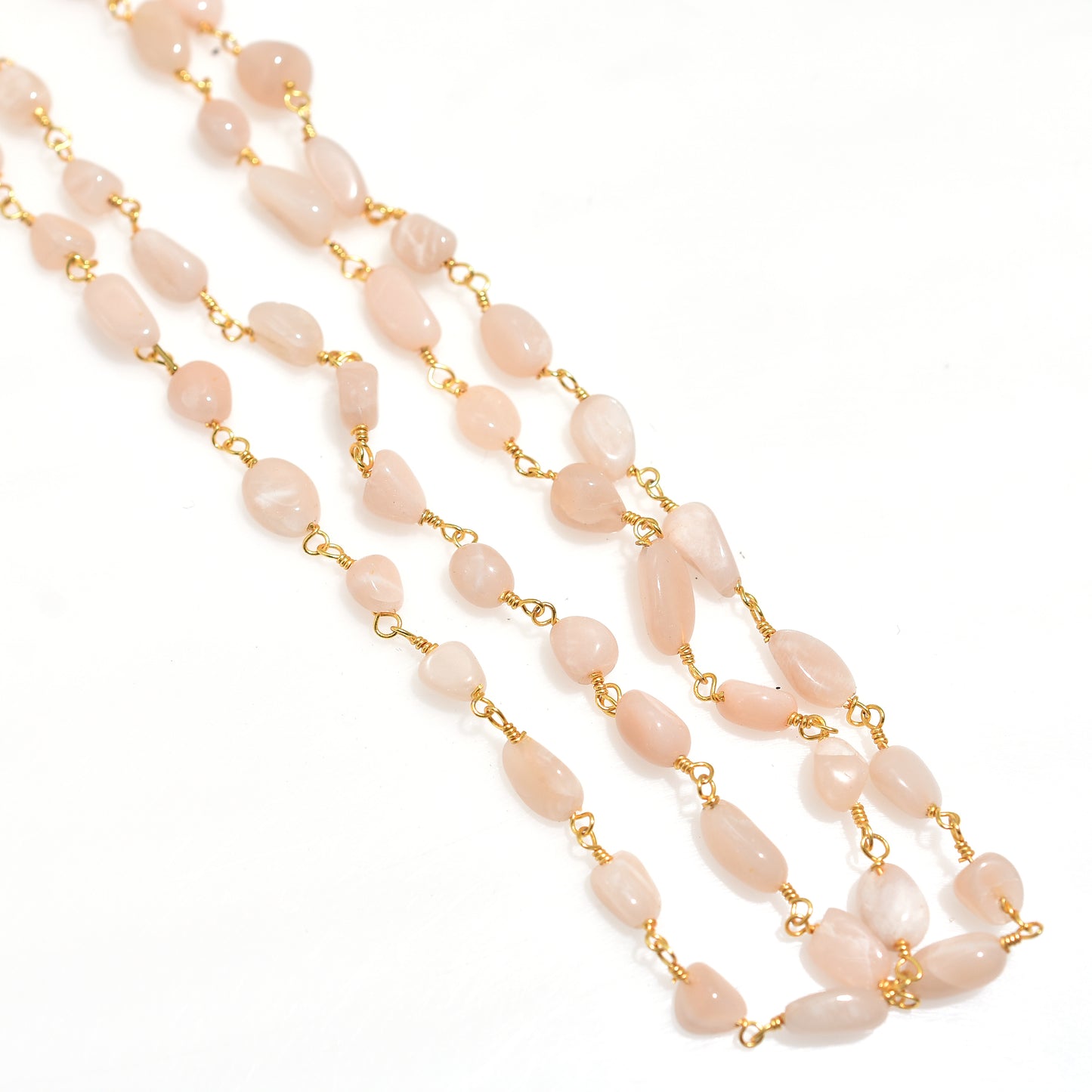 Radiant Peach Moonstone Rosary – Golden Plated Nuggets Linking Chain for Spiritual Balance