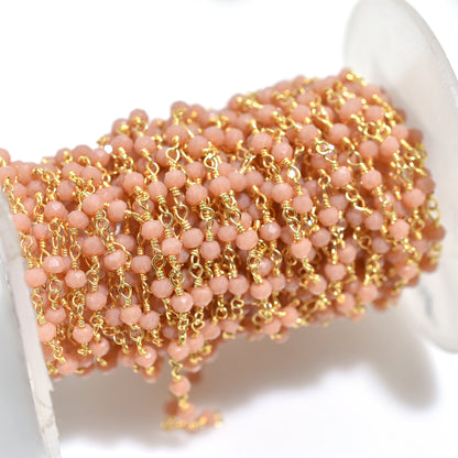Wholesale Peach Moonstone Hydro Beaded Rosary Chain – Gold Plated Wire Wrapped Gemstone Connectors Beads for Craft Jewelry