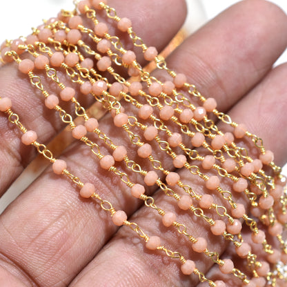 Wholesale Peach Moonstone Hydro Beaded Rosary Chain – Gold Plated Wire Wrapped Gemstone Connectors Beads for Craft Jewelry