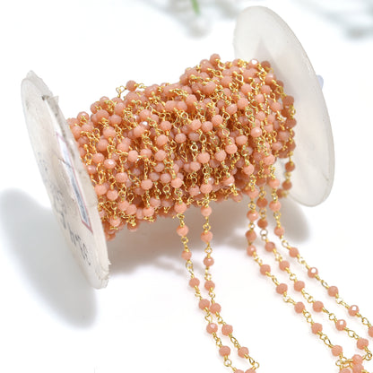 Wholesale Peach Moonstone Hydro Beaded Rosary Chain – Gold Plated Wire Wrapped Gemstone Connectors Beads for Craft Jewelry