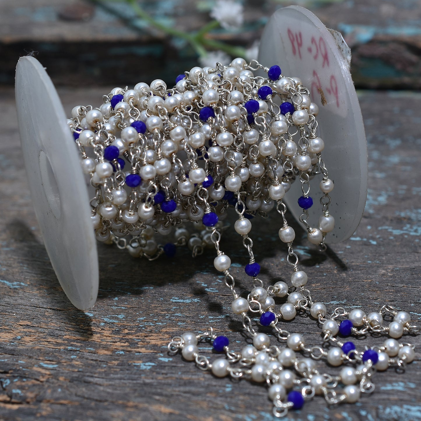 Classic Pearl & Lapis Hydro Rosary Chain –  Wholesale Silver Plated Wire Wrapped Beads For Custom Creations