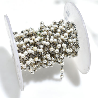 Glossy Pearl Beads Chain Lot - Wholesale Black Plating Rosary Strand for Handmade Jewelry