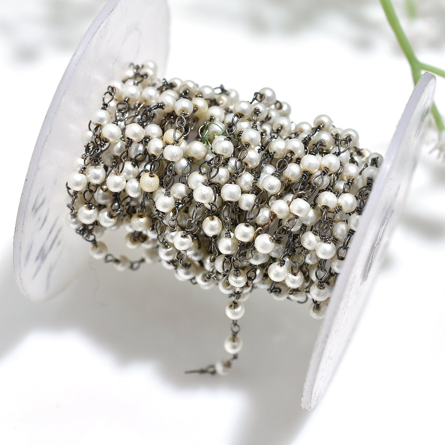 Glossy Pearl Beads Chain Lot - Wholesale Black Plating Rosary Strand for Handmade Jewelry