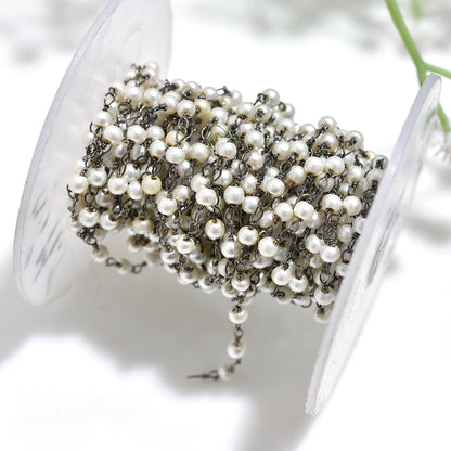 Glossy Pearl Beads Chain Lot - Wholesale Black Plating Rosary Strand for Handmade Jewelry