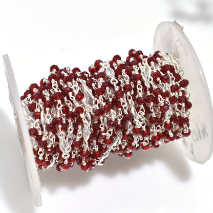 Dazzling Red Garnet Hydro Beaded Chain with Zircon Accents – Silver Plated Wire Wrapped Rosary Gemstone Jewelry