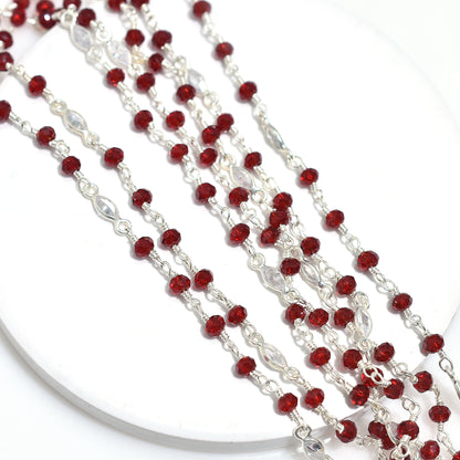 Dazzling Red Garnet Hydro Beaded Chain with Zircon Accents – Silver Plated Wire Wrapped Rosary Gemstone Jewelry