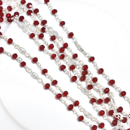 Dazzling Red Garnet Hydro Beaded Chain with Zircon Accents – Silver Plated Wire Wrapped Rosary Gemstone Jewelry