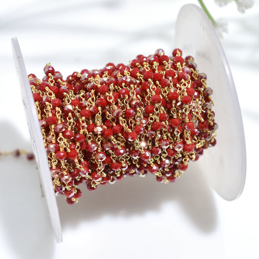 Mystic Red Ruby-Coated Hydro Beads Rosary-Wholesale Golden Plated Linking Chain Lot For Jewelry