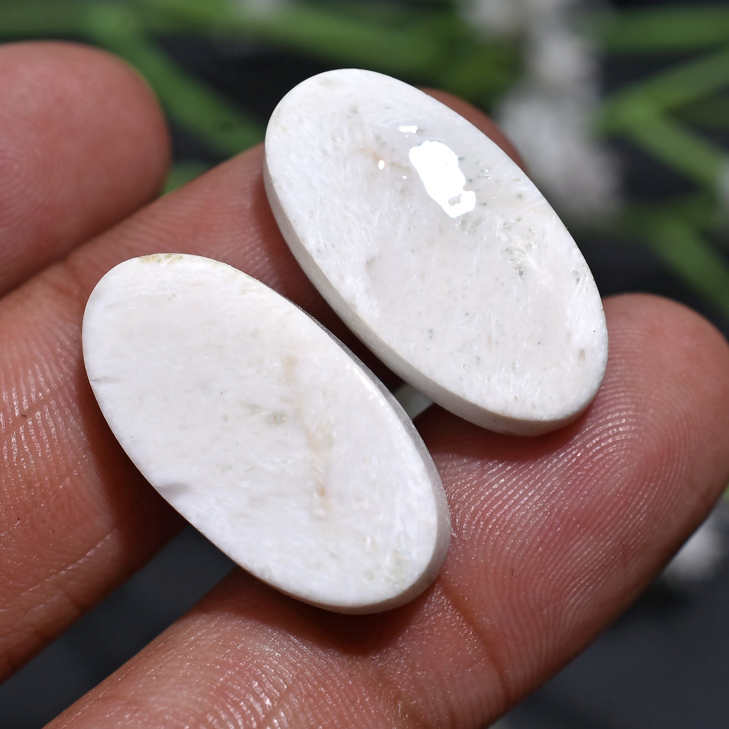 Oval Shaped Scolecite Gemstone Pair – Polished Smooth Earrings Pair
