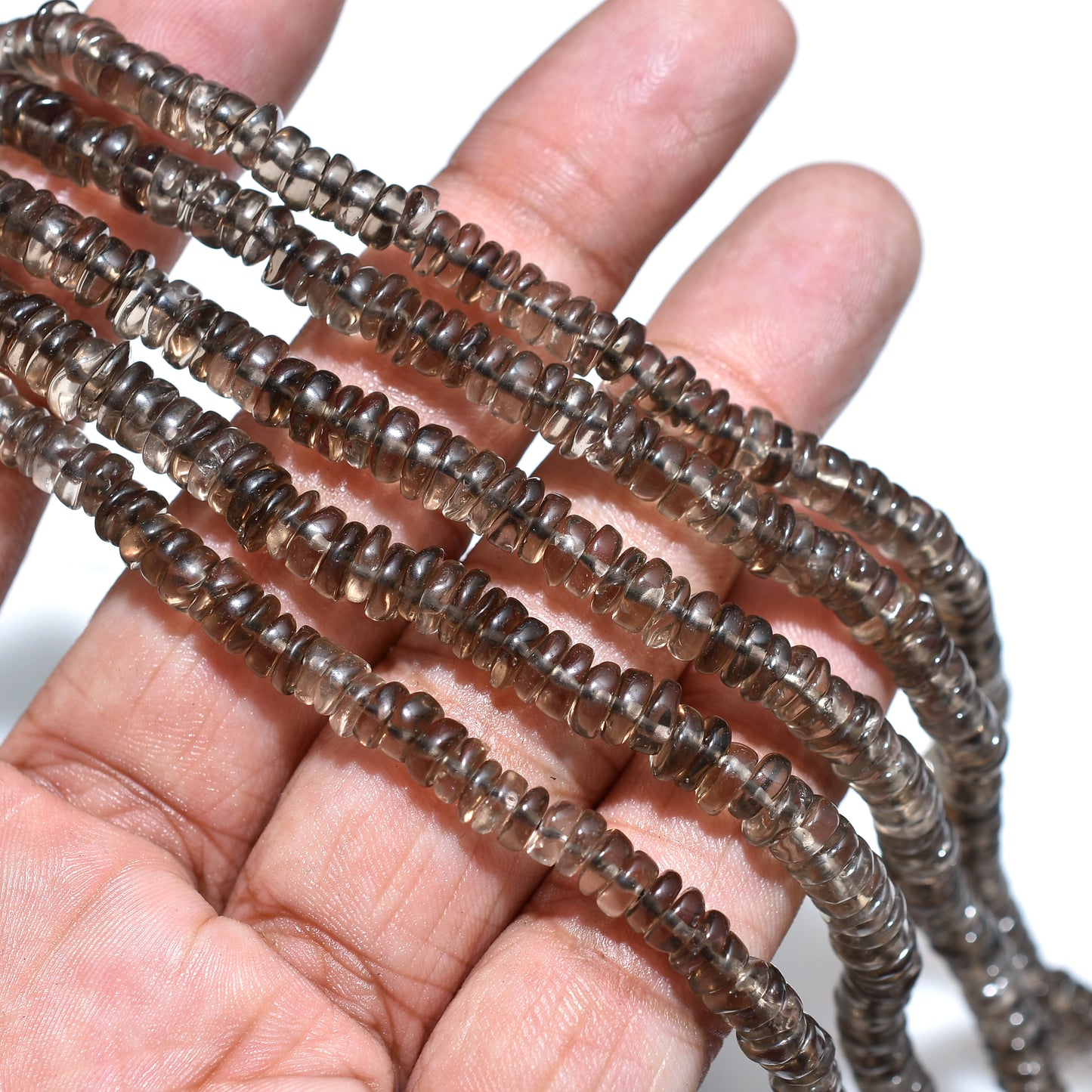 Genuine Smoky Quartz Heishi Tyre Beads – 7 inch Gemstone Wholesale Strand For Beading Projects