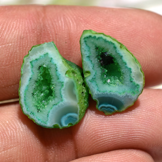Green Druzy Cabochon Pair – Sparkling Solar Quartz Crystal Stones (10x15x3mm,/12ct)