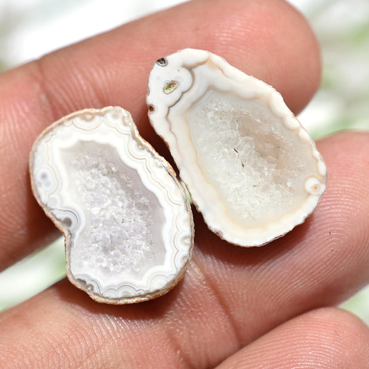 Fancy White Solar Quartz Druzy Pair – Sparkling Geode Gemstones Set (12x20x3mm,/15ct)