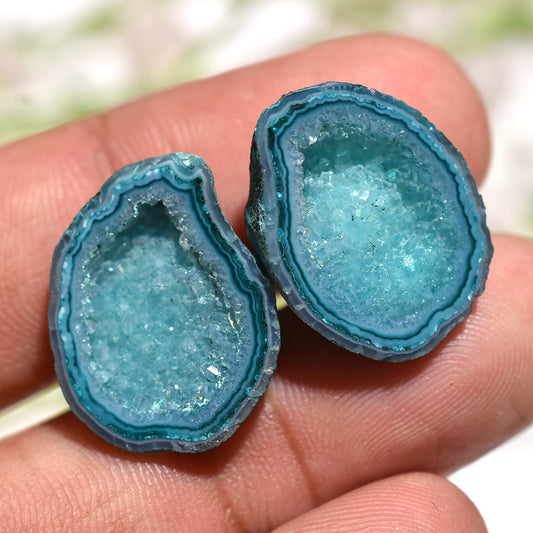 Elegant Fancy Solar Quartz Druzy Window Gemstone Pair– Bulging Geode Crystal Slice for Jewelry