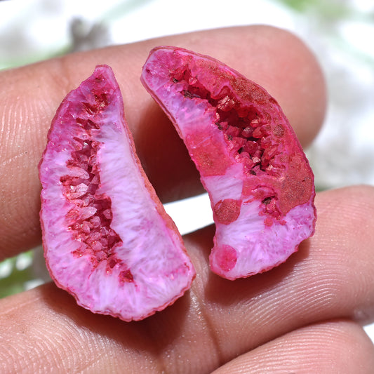 Deep Pink Solar Quartz Druzy Pair – Sparkling Geode Slice Cabochons (10x23x5mm,/22ct)