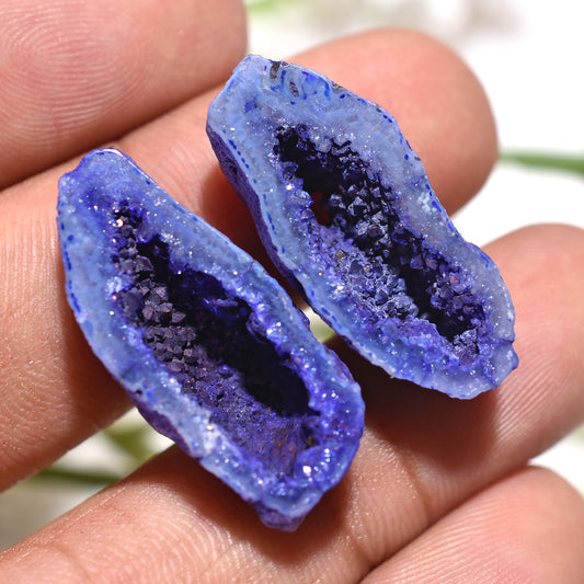 Royal Blue Solar Quartz Druzy Pair – Sparkling Gemstone Duo for Earrings & Jewelry (11x27x8mm,/28ct)