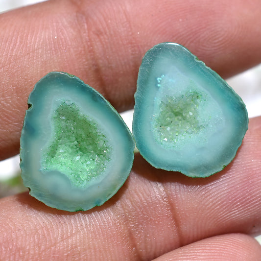 Green Window Druzy Solar Quartz Pair – Sparkling Geode Gemstones (13x15x2mm,/14ct)