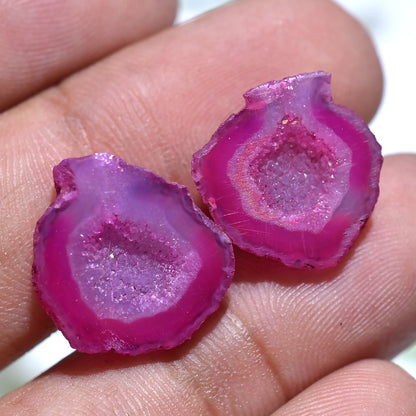 Magenta Pink Druzy Cabochon Pair – Sparkling Solar Quartz Crystals (14x15x3mm,/17ct)