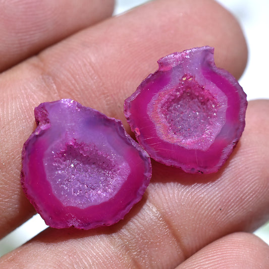 Magenta Pink Druzy Cabochon Pair – Sparkling Solar Quartz Crystals (14x15x3mm,/17ct)