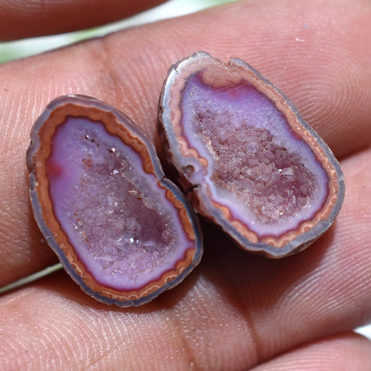 Brown Solar Quartz Druzy Pair – Shimmering Geode Slice Cabochons (11x18x5mm,/13ct)