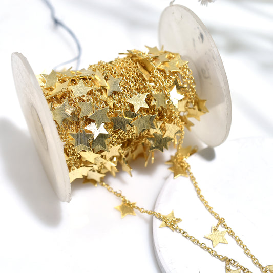 Twinkling Star Dangle Rosary Chain – Gold Plated Charm Linking Chain for DIY Projects