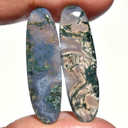 Green Oval Moss Agate Pair - Natural Crystal Stones for Earring Set, Marquise Moss Agate Pair for Jewelry