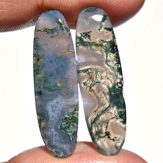 Green Oval Moss Agate Pair - Natural Crystal Stones for Earring Set, Marquise Moss Agate Pair for Jewelry