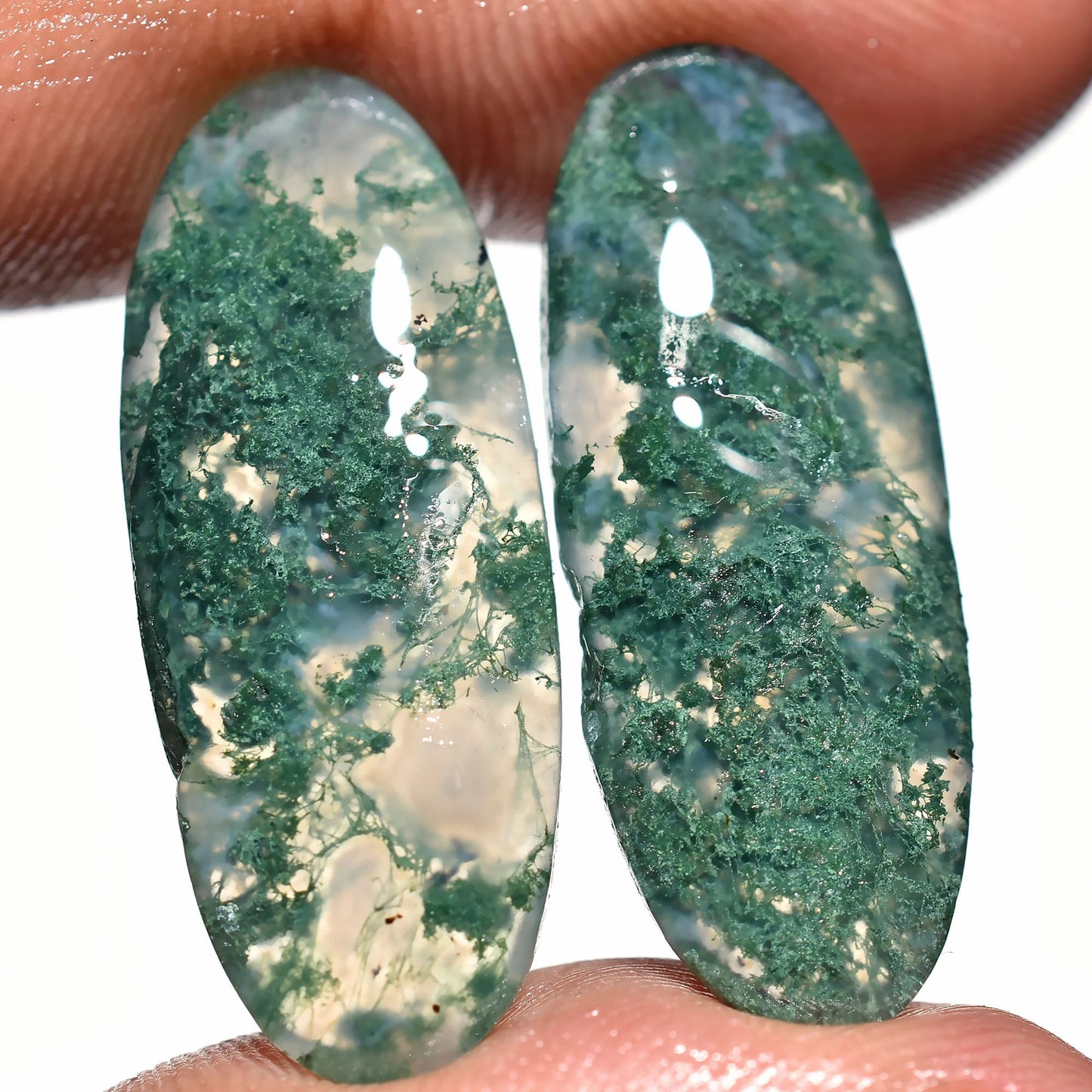 Green Oval Moss Agate Pair - Natural Crystal Stones for Earring Set, Marquise Moss Agate Pair for Jewelry