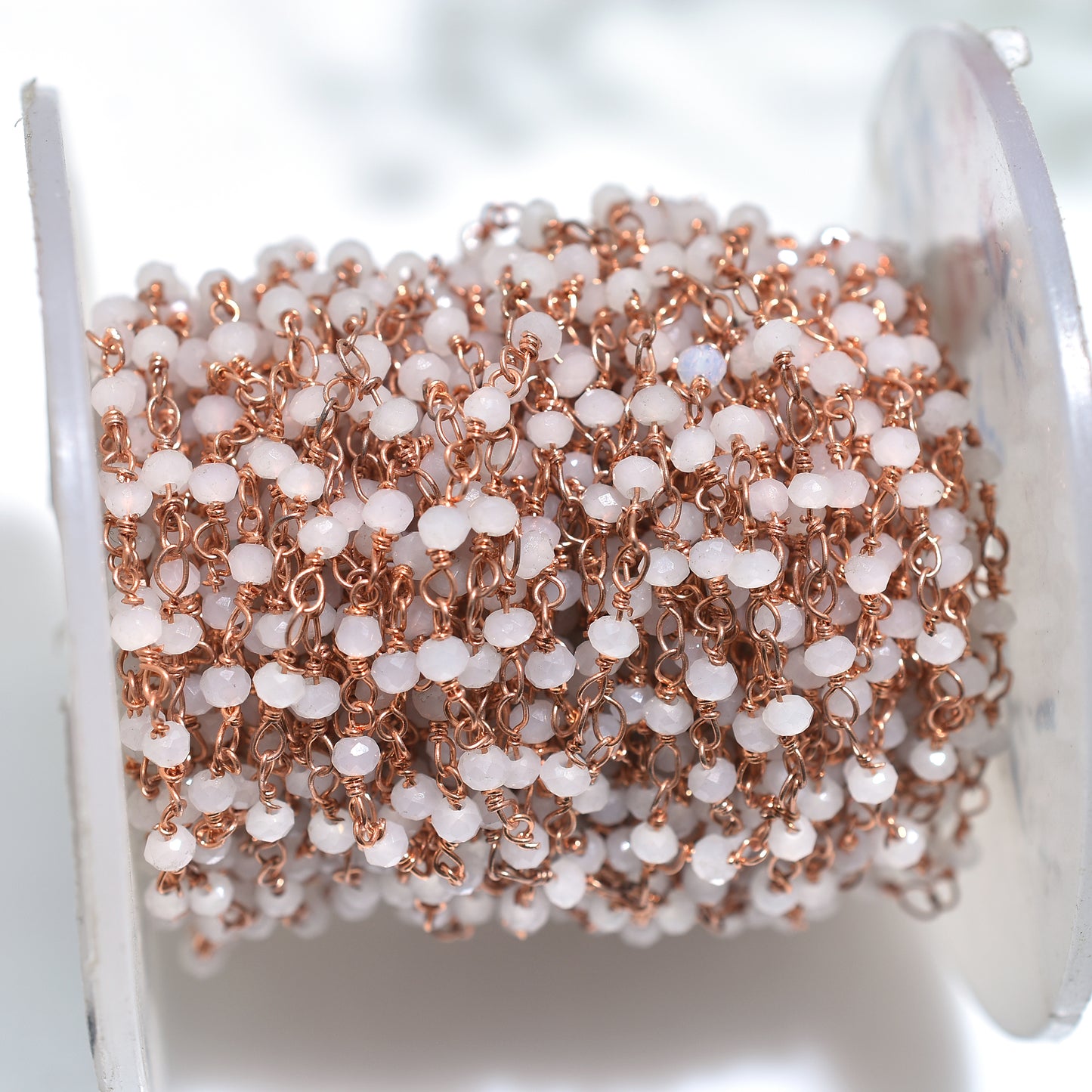 Elegant White Quartz Hydro Beaded Rosary Chain – Rose Gold Plated Links for DIY Jewelry