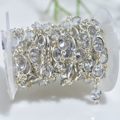 Brilliant Clear Zirconia Rosary Chain – Wholesale Silver Plated Oval Bezel Gemstone Chain