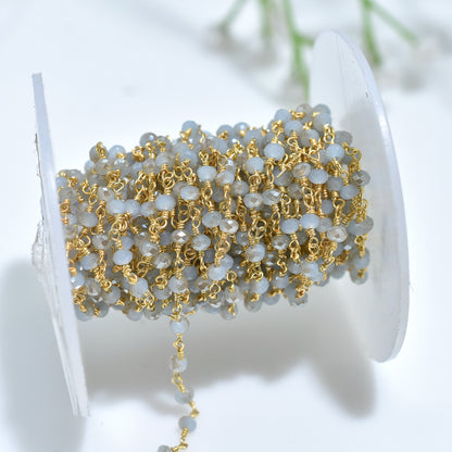 Elegant Chalcedony Hydro Gemstone Rosary Chain – Silver Coated Beads with Gold Plated Links For Crafting