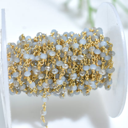 Elegant Chalcedony Hydro Gemstone Rosary Chain – Silver Coated Beads with Gold Plated Links For Crafting