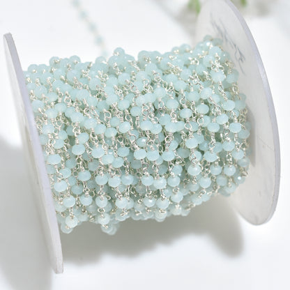 Attractive Silver Plated Chalcedony Rosary Chain - Bulk Aqua Stone Bead Strand Lot for Jewelry Making