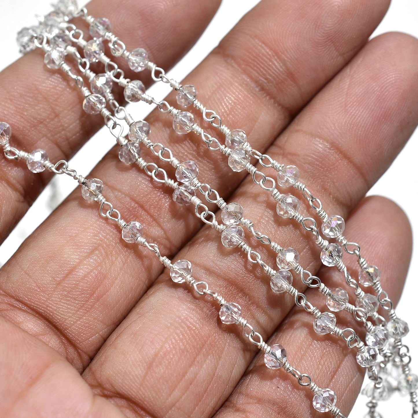 Attractive Silver Plated Chalcedony Rosary Chain - Bulk Aqua Stone Bead Strand Lot for Jewelry Making