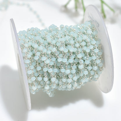 Attractive Silver Plated Chalcedony Rosary Chain - Bulk Aqua Stone Bead Strand Lot for Jewelry Making