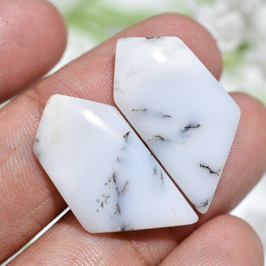 Natural Dendrite Opal Gemstone Pair – Matched Cabochons for Earrings