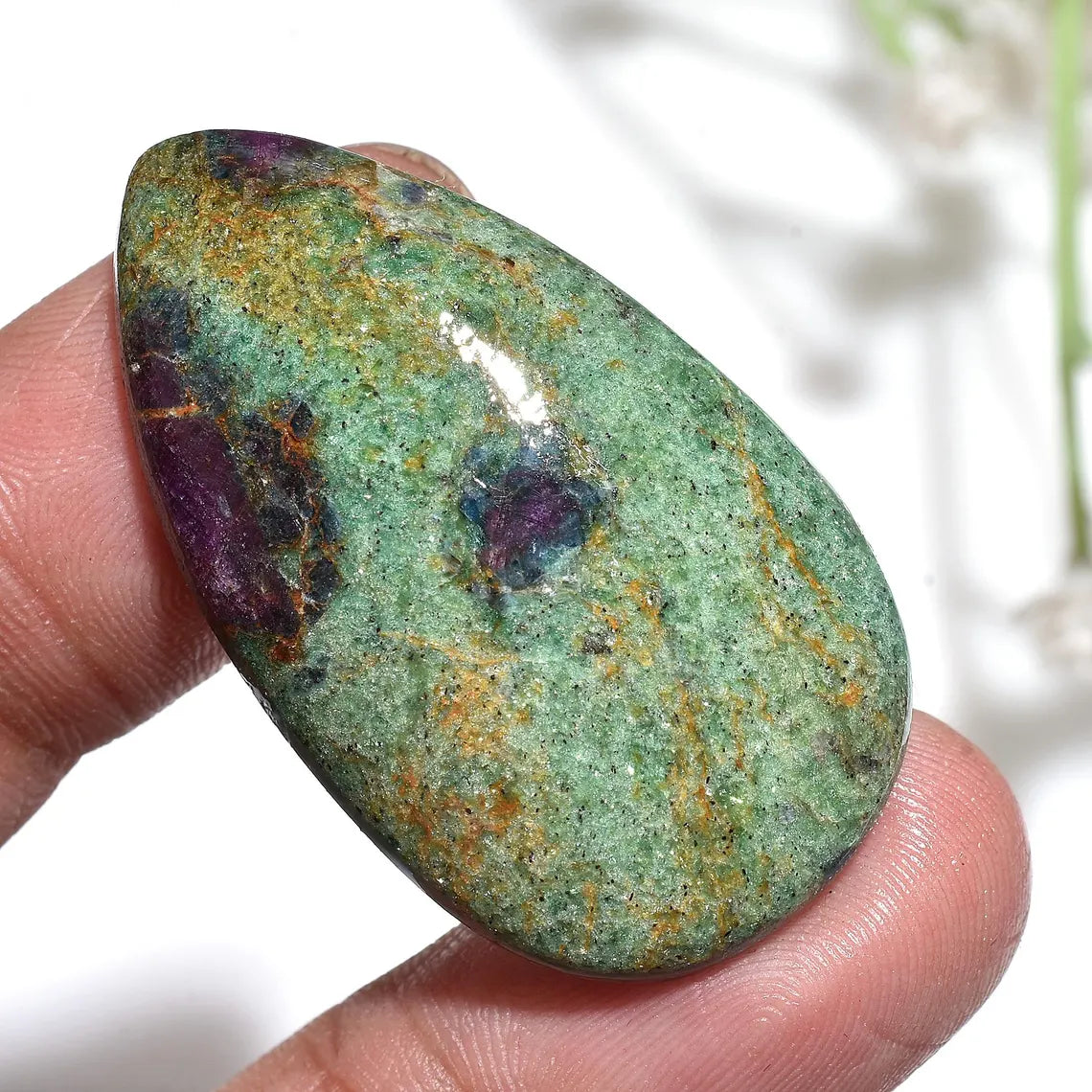 100% Natural Pear-Shaped Ruby Fuchsite Cabochon - Green Pink Healing Stone 24x33x3mm